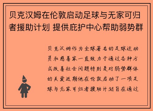 贝克汉姆在伦敦启动足球与无家可归者援助计划 提供庇护中心帮助弱势群体