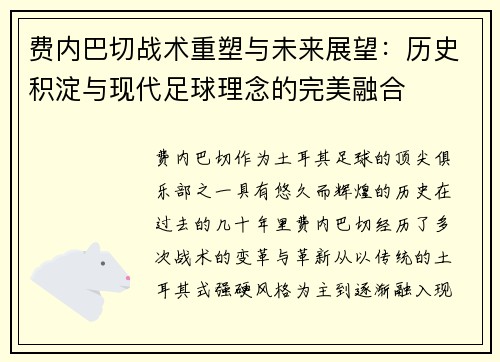 费内巴切战术重塑与未来展望：历史积淀与现代足球理念的完美融合