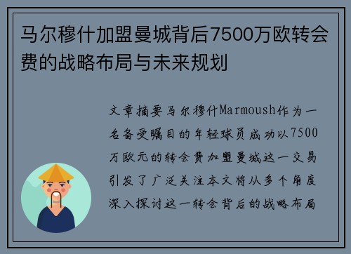 马尔穆什加盟曼城背后7500万欧转会费的战略布局与未来规划